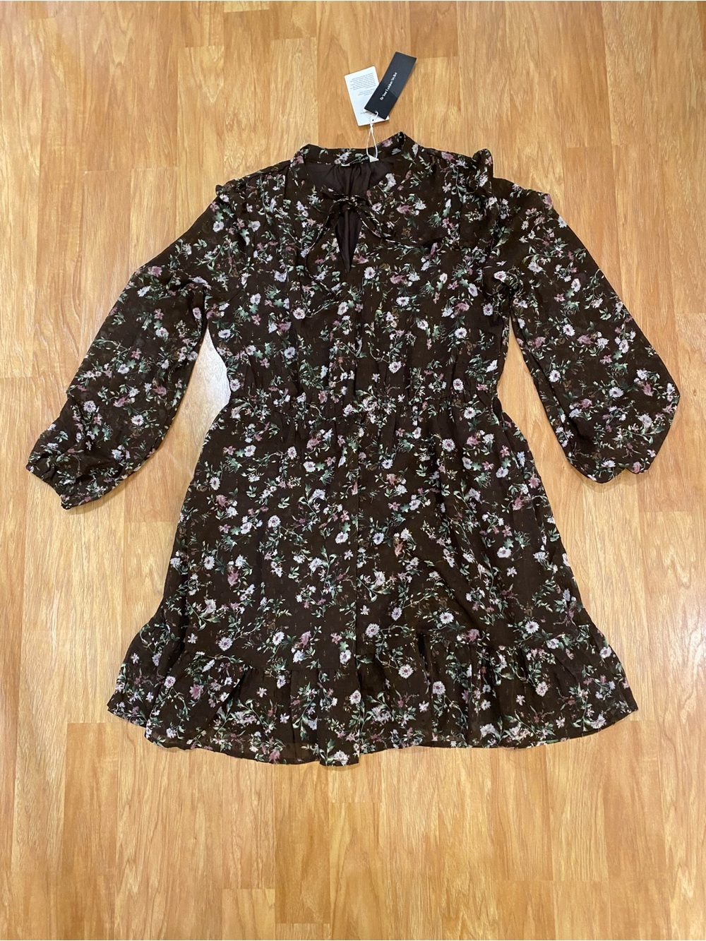 Pretty Garden Woman XL Floral Brown Ruffle Tie-Neck Dress